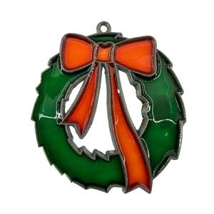 3 Vintage Stained Glass Taiwan Ornaments Santa Wreath Cardinal